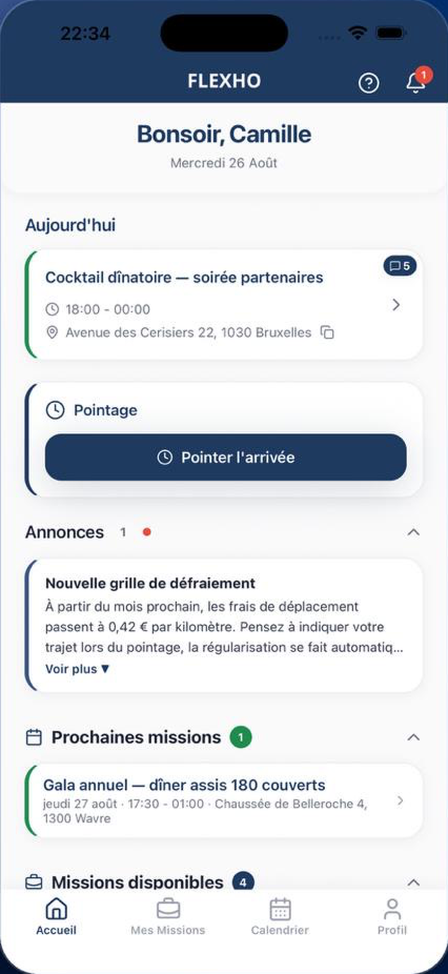 Écran d'accueil de l'application Flexho : le shift du jour, le pointage et les annonces de l'équipe.