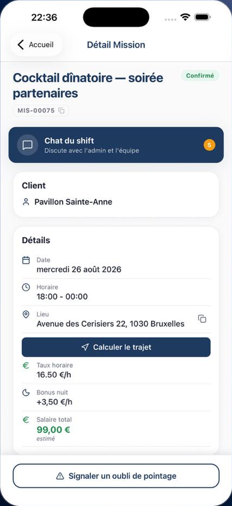 Écran de détail d'une mission : client, date, lieu, calcul du trajet, taux horaire, bonus de nuit et salaire estimé.
