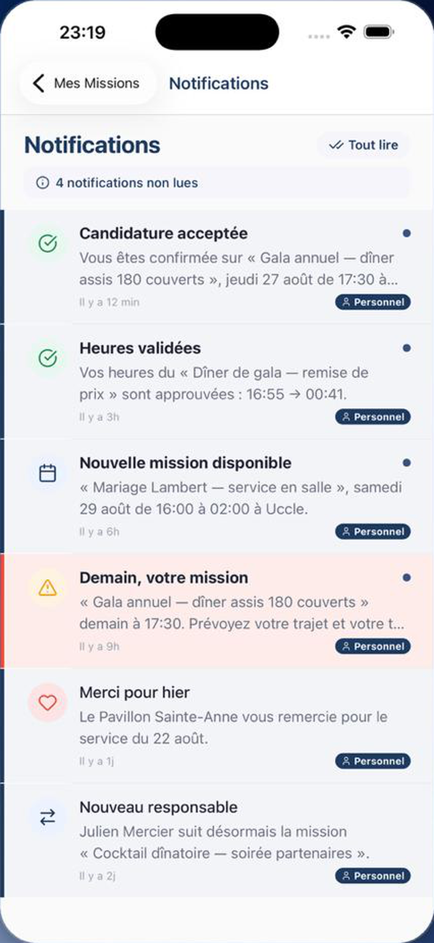Écran des notifications : candidature acceptée, heures validées, nouvelle mission, rappel de la veille.