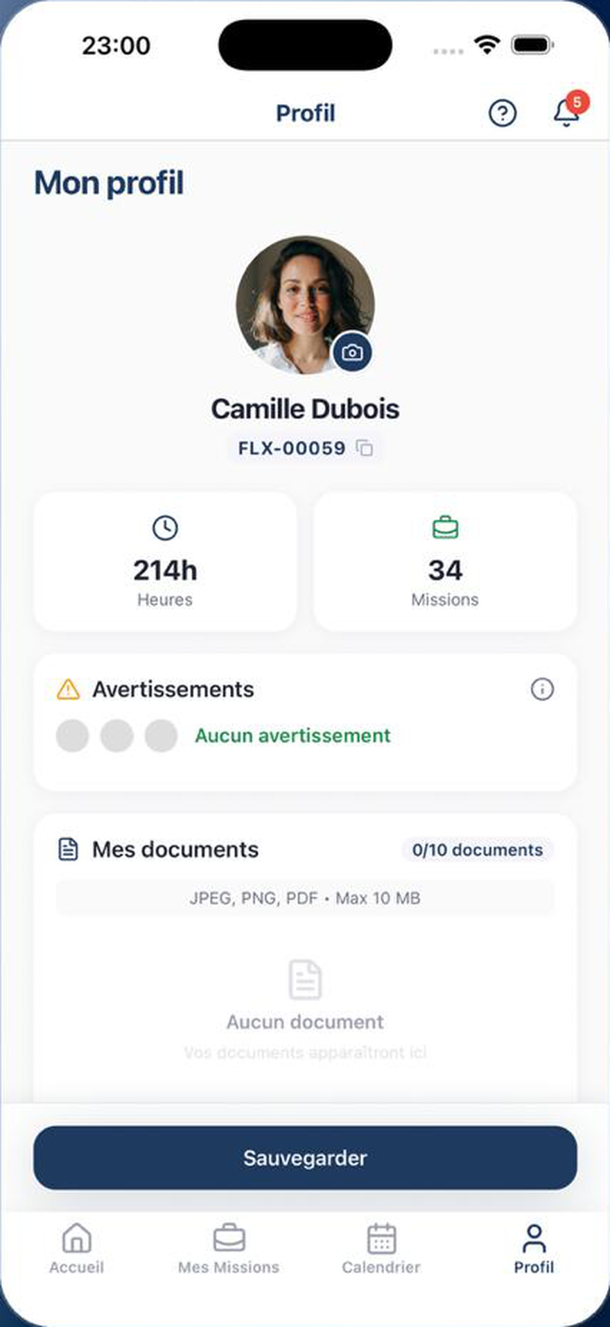 Écran du profil : heures cumulées, missions effectuées, avertissements et documents.